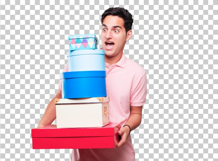 PSD hombre bronceado hermoso joven con concepto de la caja de regalo