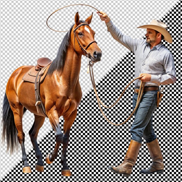 Hombre y caballo de pie sobre un fondo transparente