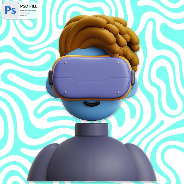 PSD hombre de cabello dreadlocked 3d con gafas vr render icon aislado ilustración png plantilla psd