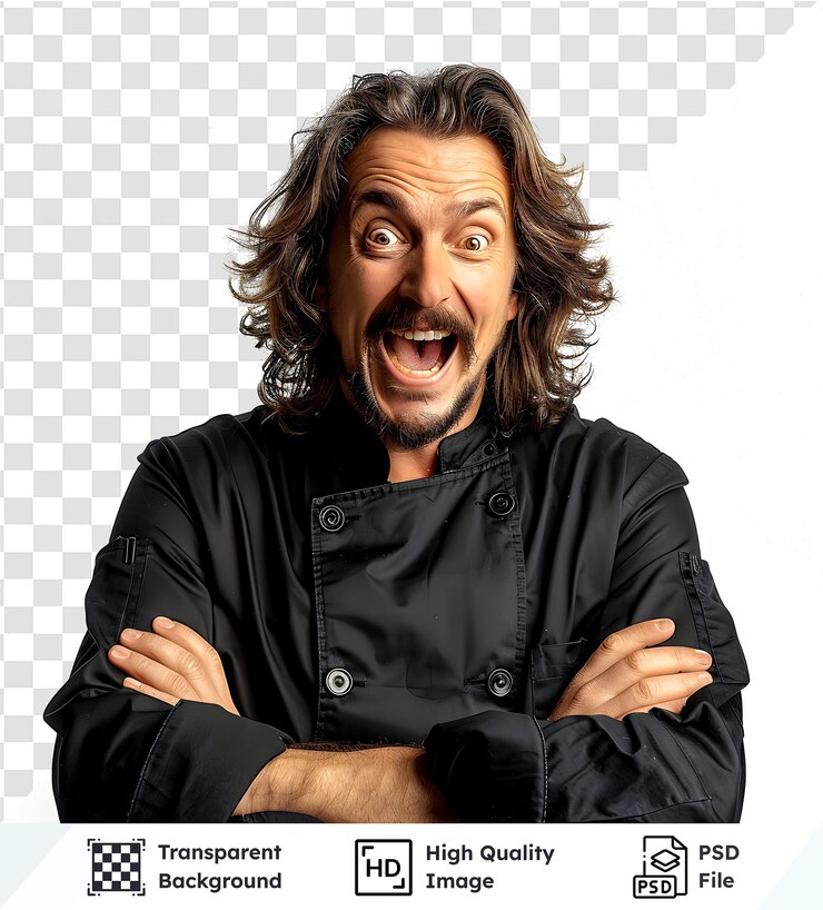 PSD un hombre con el cabello largo en una chaqueta negra chef39s sonríe ampliamente imagen transparente de un chef