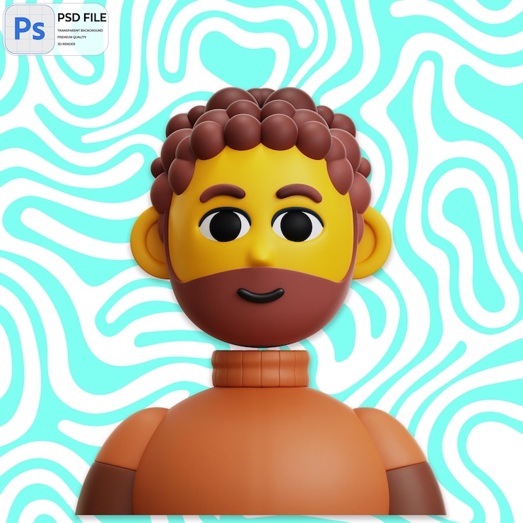 PSD hombre de cabello rizado 3d con barba render icon aislado ilustración png plantilla psd