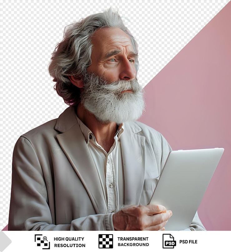 PSD hombre de cabeza gris tranquilo y tranquilo con la computadora portátil en la mano mirando a la distancia png