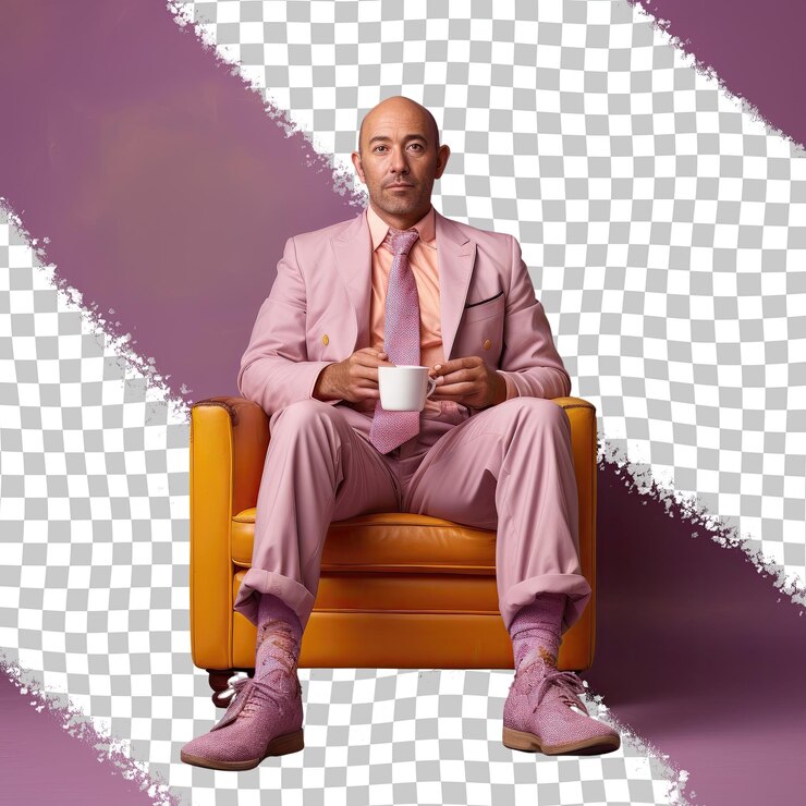PSD hombre calvo de las islas del pacífico preparando el amor con fondo de lavanda