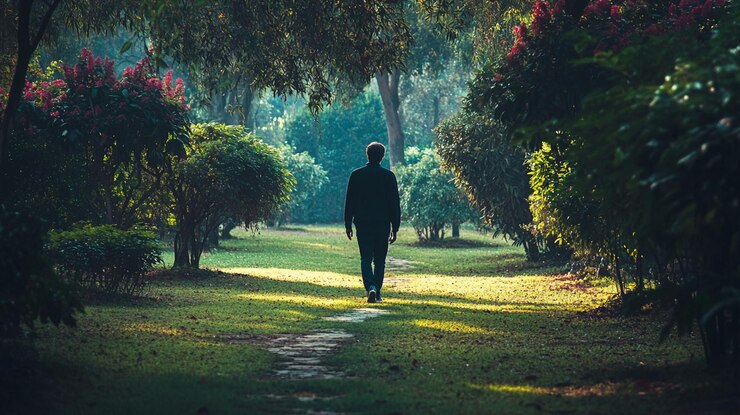 PSD hombre caminando por un camino a través de un parque verde exuberante a la luz del sol de la mañana