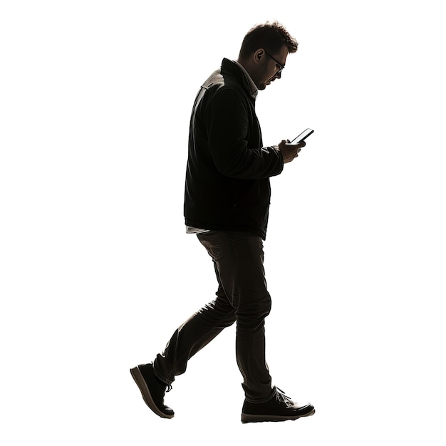 PSD hombre caminando y mirando a un teléfono móvil.