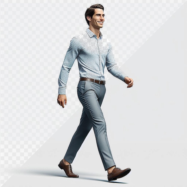 PSD un hombre con una camisa azul está caminando frente a un fondo blanco