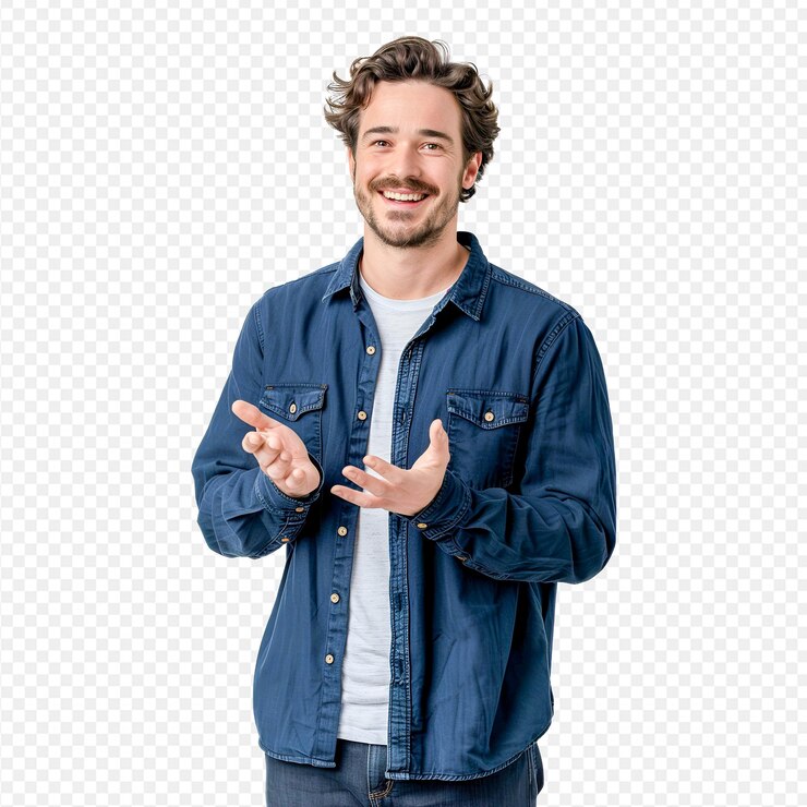 un hombre con una camisa azul está sonriendo y tiene una mano en el bolsillo