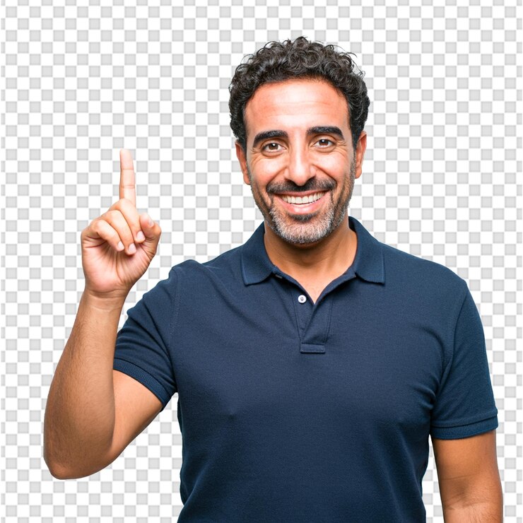 un hombre con una camisa azul que dice ok en la pantalla