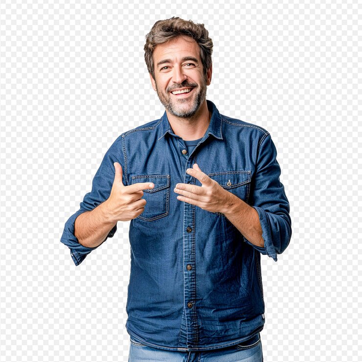 un hombre con una camisa azul que dice ok
