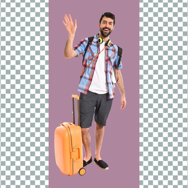 un hombre con una camisa a cuadros y pantalones cortos con una mochila y una maleta amarilla