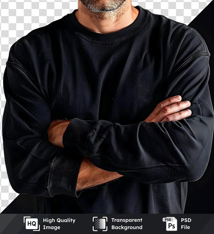 PSD hombre con camisa negra de mangas largas con brazos cruzados fondo transparente premium