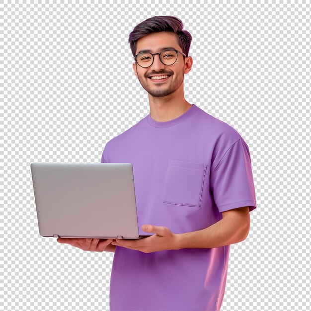 un hombre con una camisa púrpura sostiene una computadora portátil