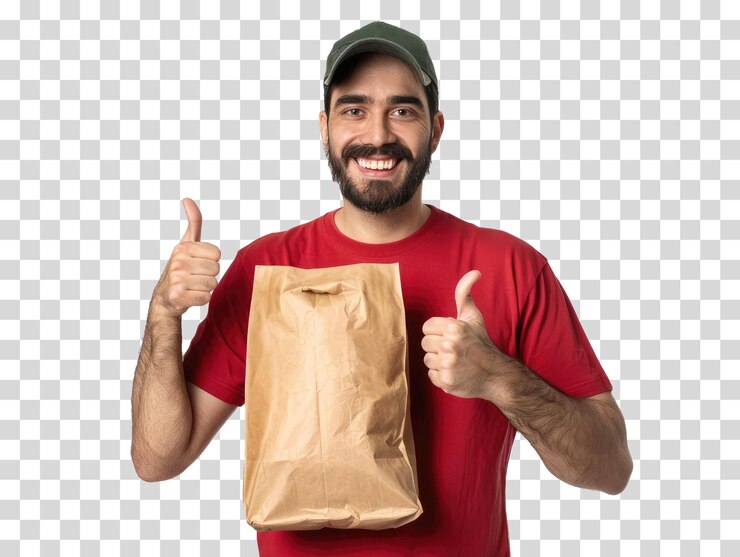 PSD un hombre con una camisa roja dando un signo de pulgares hacia arriba con una bolsa de papel en un fondo transparente
