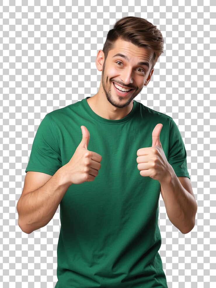 PSD un hombre con una camisa verde dando un pulgar hacia arriba