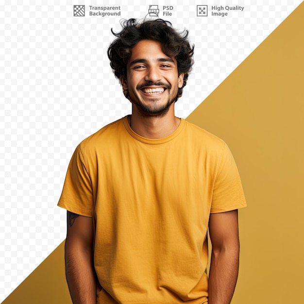 Un hombre con una camiseta amarilla sonríe frente a una pantalla que dice 