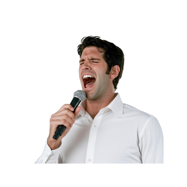PSD hombre cantando en un micrófono con pasión