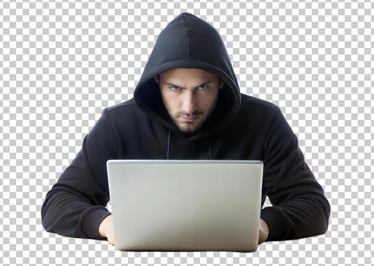 PSD hombre con capucha centrado en la computadora portátil