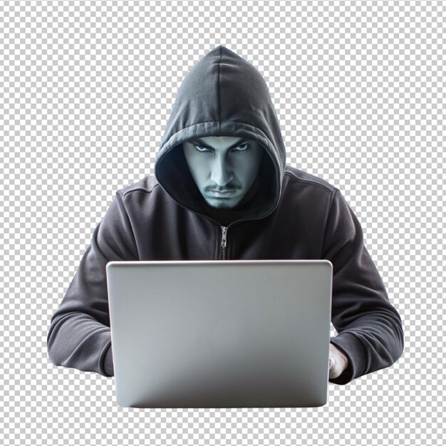 un hombre con capucha está usando una computadora portátil