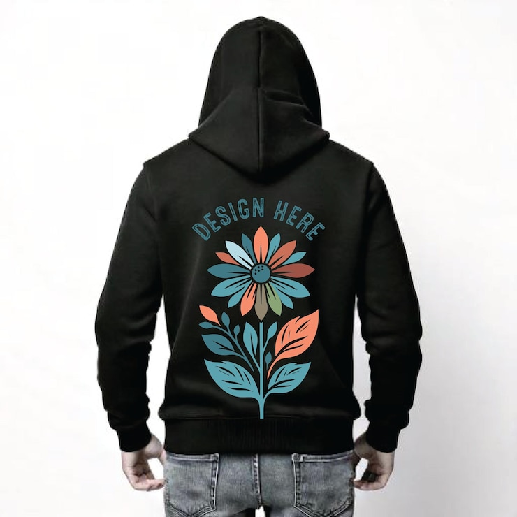 PSD un hombre con una capucha negra con un diseño de flores en ella