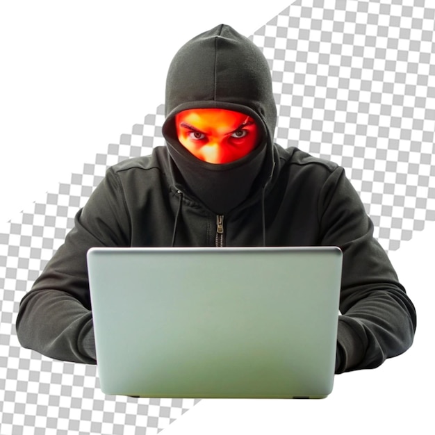 Hombre con capucha usando una computadora portátil o un hacker aislado sobre fondo transparente
