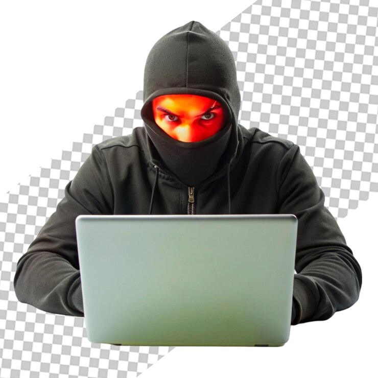 PSD hombre con capucha usando una computadora portátil o un hacker aislado sobre fondo transparente