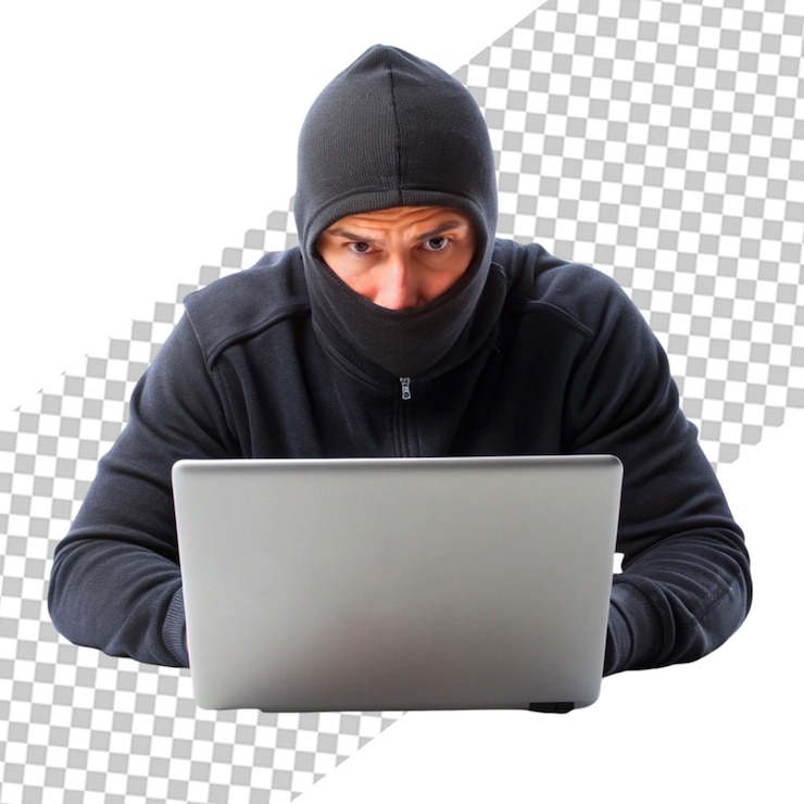 PSD hombre con capucha usando una computadora portátil o un hacker aislado sobre fondo transparente