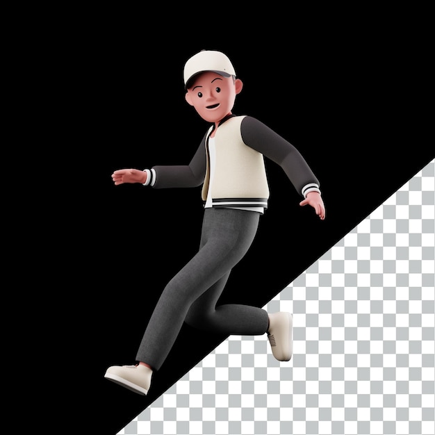 Hombre de carácter 3D con un sombrero y una gorra blanca está corriendo sobre un fondo blanco y negro