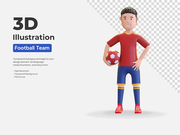 Hombre de carácter de jugador de fútbol nacional de españa sosteniendo la bola en el brazo 3d render ilustración