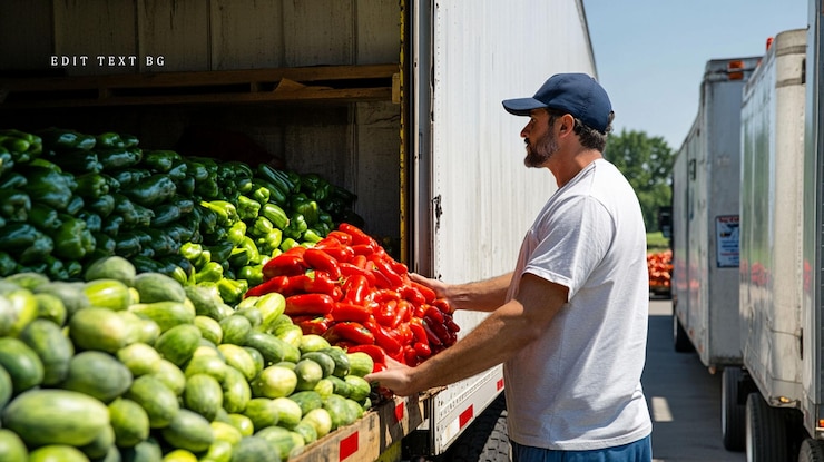 PSD hombre cargando pimientos rojos y verdes y pepinos en un camión