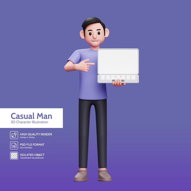 Hombre casual de pie sosteniendo la computadora portátil y apuntando a la pantalla de la computadora portátil ilustración de personaje de renderizado 3d