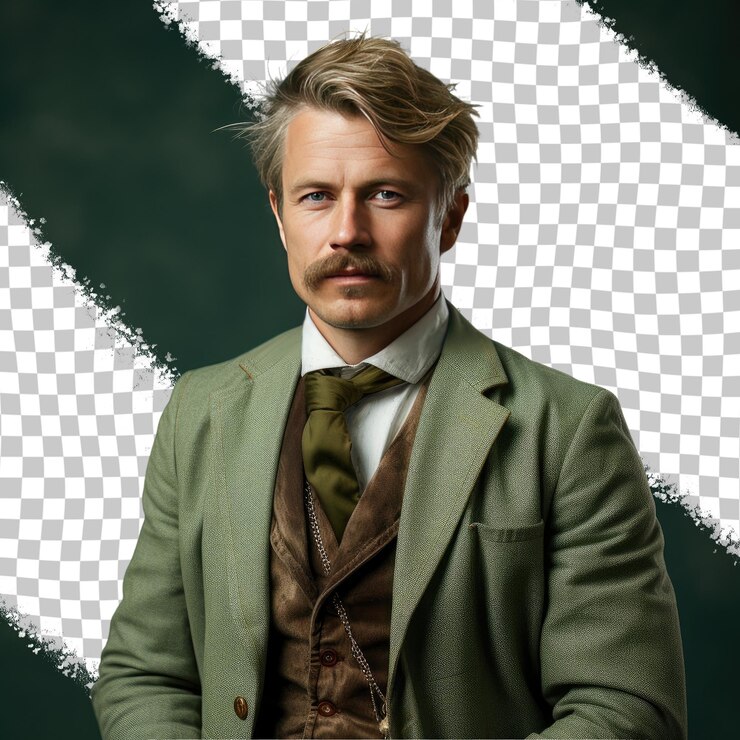 PSD un hombre cauteloso de mediana edad con cabello rubio de la etnia eslava vestido con atuendo de editor posa en un estilo de confianza con los brazos cruzados contra un fondo verde pastel
