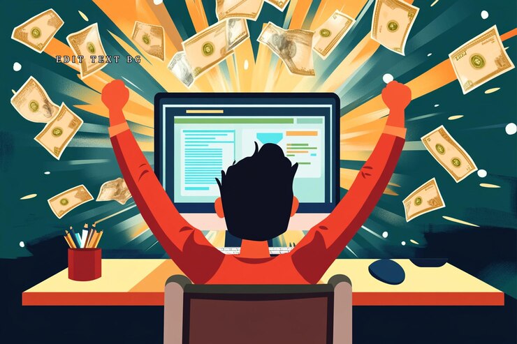 PSD hombre celebrando el éxito en línea con dinero que llueve desde la pantalla de la computadora