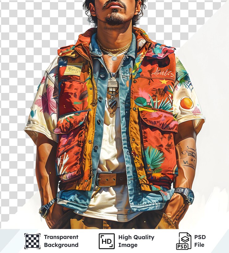PSD hombre con un chaleco floral con un tatuaje y accesorios en psd transparente