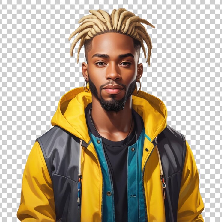 PSD un hombre con una chaqueta amarilla con una chaquette amarilla que dice tipo con dreads