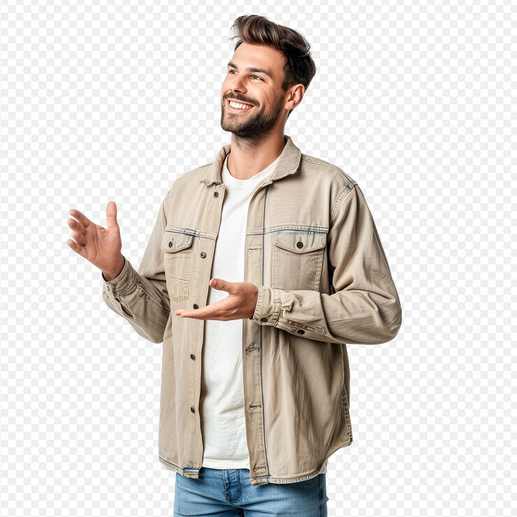 un hombre con una chaqueta bronceada con una camisa blanca y pantalones vaqueros azules está sonriendo