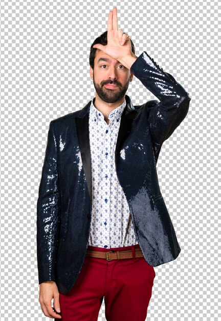 Hombre con chaqueta haciendo estúpido signo
