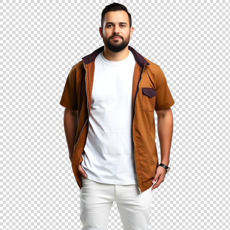 PSD un hombre con una chaqueta marrón con un cuello púrpura y una camisa blanca
