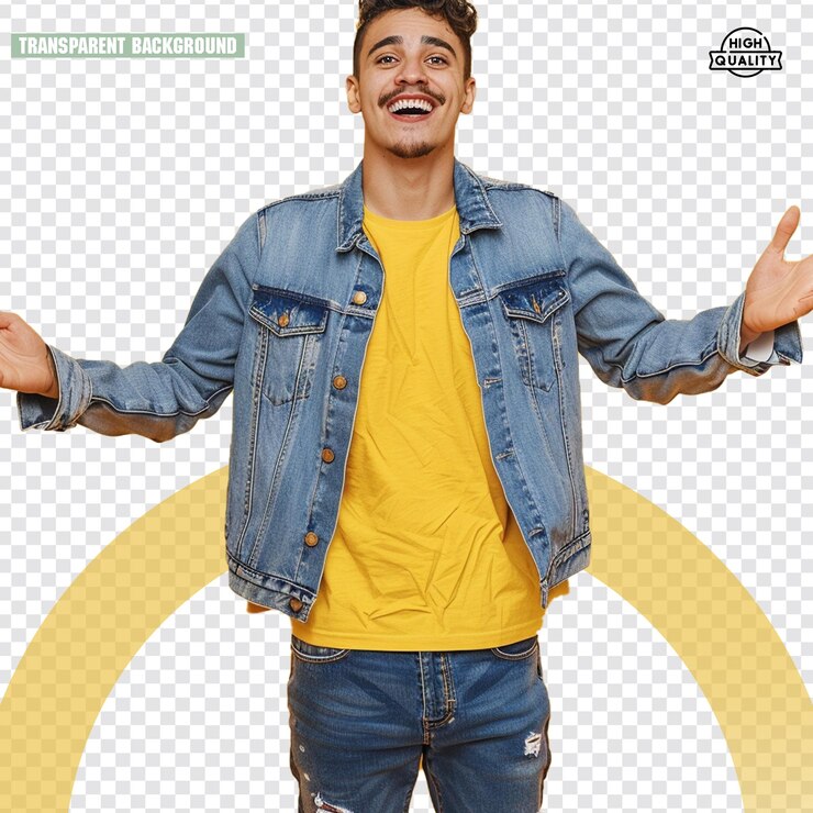 PSD un hombre con una chaqueta de vaqueros está de pie frente a una foto de un hombre vestido con una camisa amarilla