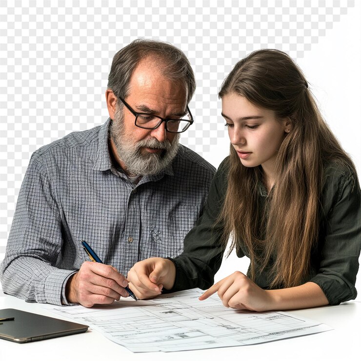 PSD un hombre y una chica están mirando un dibujo de una chica