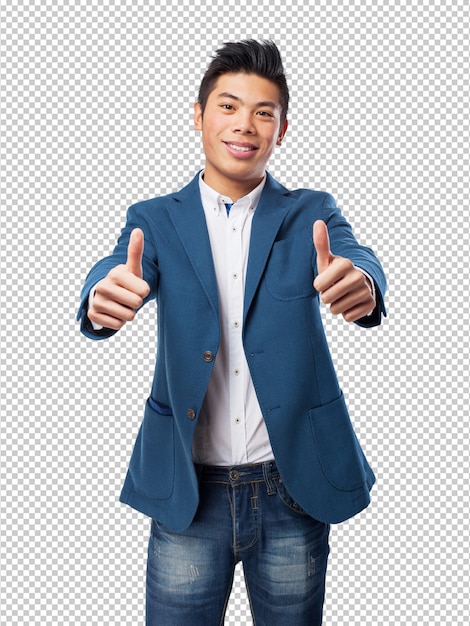El hombre chino hace un doble gesto de "okay".