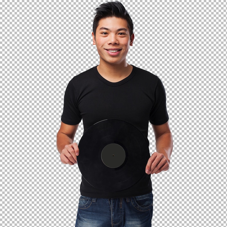PSD hombre chino sosteniendo un vinilo