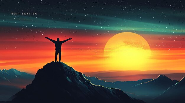 Hombre en la cima de la montaña al atardecer con los brazos extendidos disfrutando de la vista y el cielo estrellado