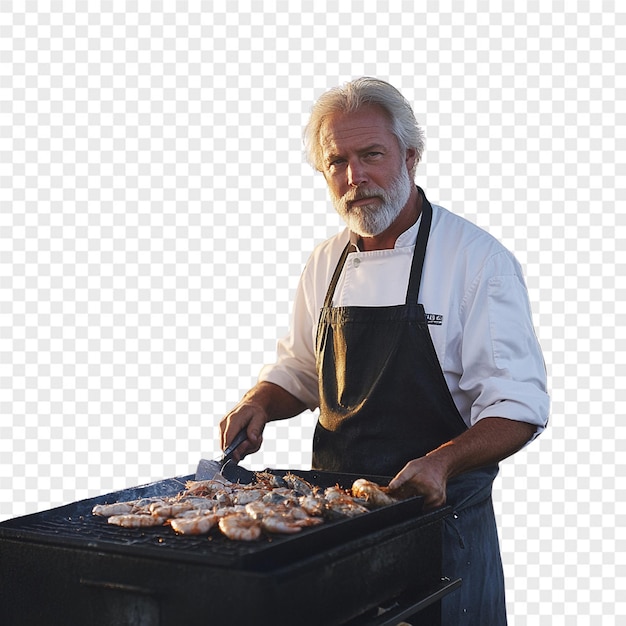 Un hombre cocinando comida en una parrilla con una imagen de un hombre cocinando en ella