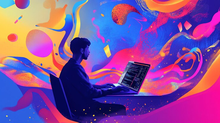 PSD hombre codificando en una computadora portátil con un fondo abstracto vibrante