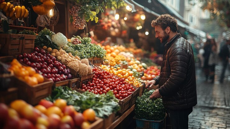 PSD un hombre comprando productos frescos en un mercado al aire libre
