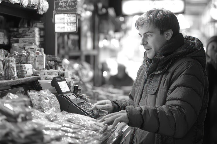 PSD un hombre comprando en un puesto de mercado mirando las mercancías y señalando algo en el mostrador