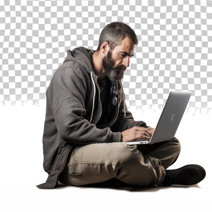 PSD hombre con una computadora portátil aislada en un fondo transparente