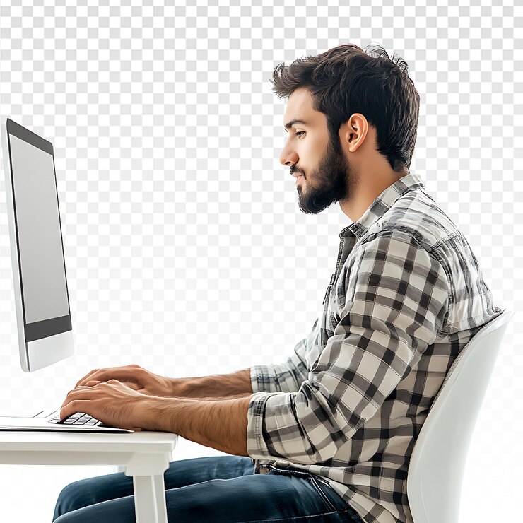 PSD hombre concentrado trabajando en una computadora portátil en aislamiento