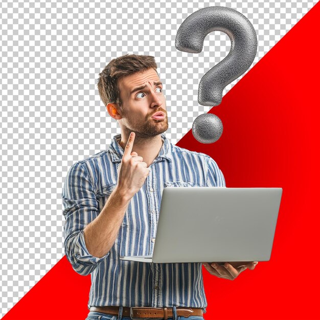 Hombre confundido con una computadora portátil y un signo de pregunta