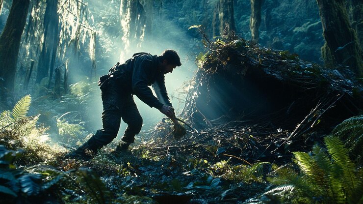 PSD hombre construyendo un refugio en un bosque de niebla usando ramas y hojas